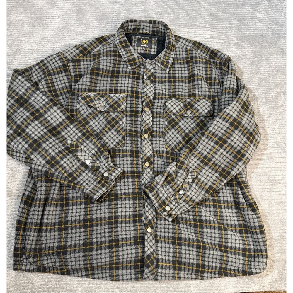 Lee Fleece Long Sleeve Shirt Size 2xl Snap Front Black Gray Plaid Shacket